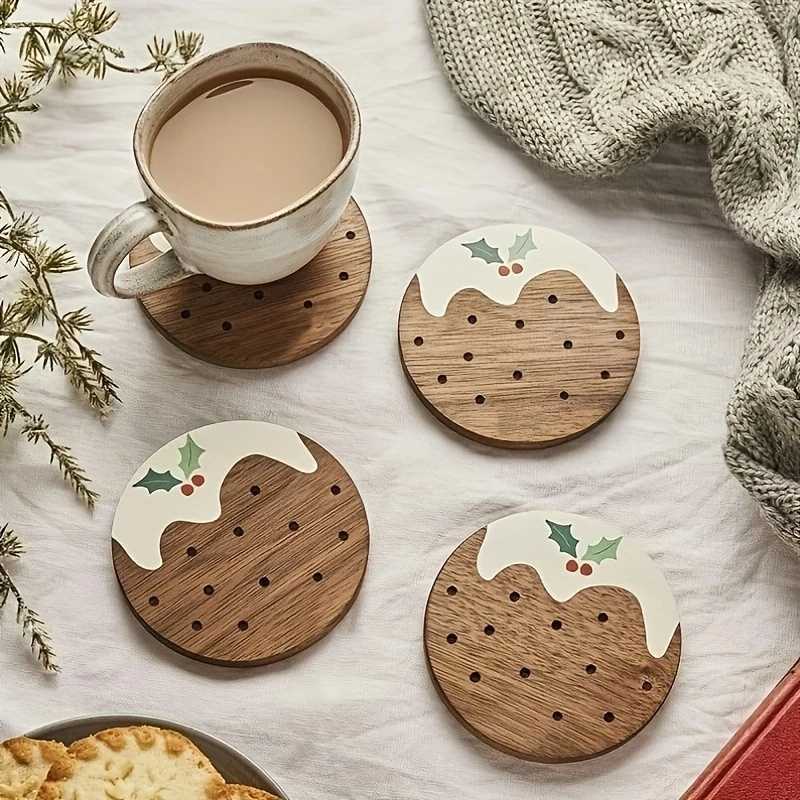 6pcs Retro Wooden Coaster Cookies Pies Cartoon Pattern Anti-scald Wooden Cup Mats Home coffee Cups Decor Christmas Gift C251122