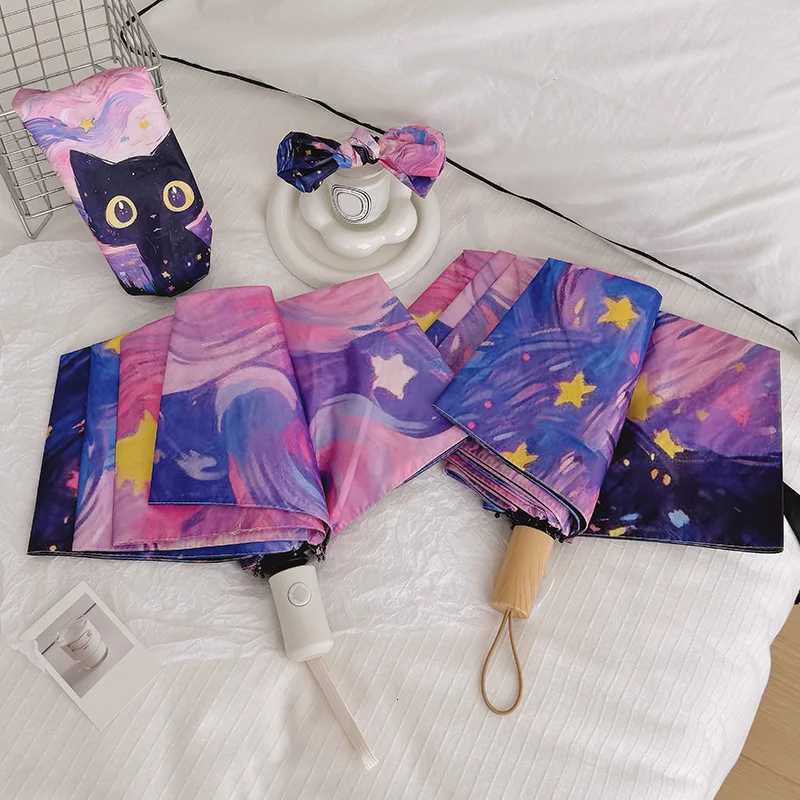 Blue green purple and pink cat cartoon folding umbrellas fully automatic umbrellas dual-purpose sunshades and portable umbrellasM251122