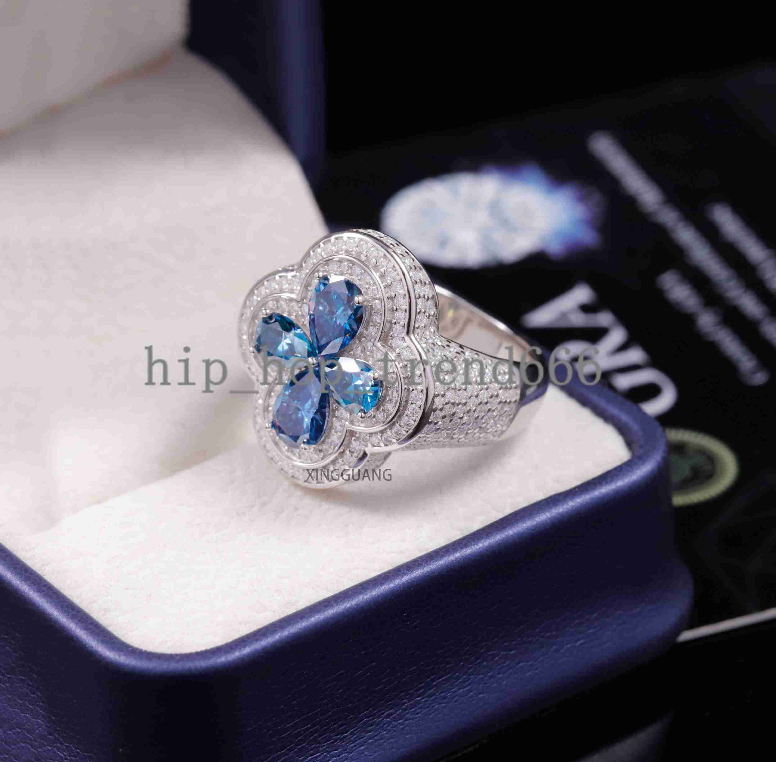 Four Leaf Clover VVS Moissanite Cuban Ring For Man Women 925 Sterling Silver Hip Hop Ring Blue Diamond Clover Cuban Ring