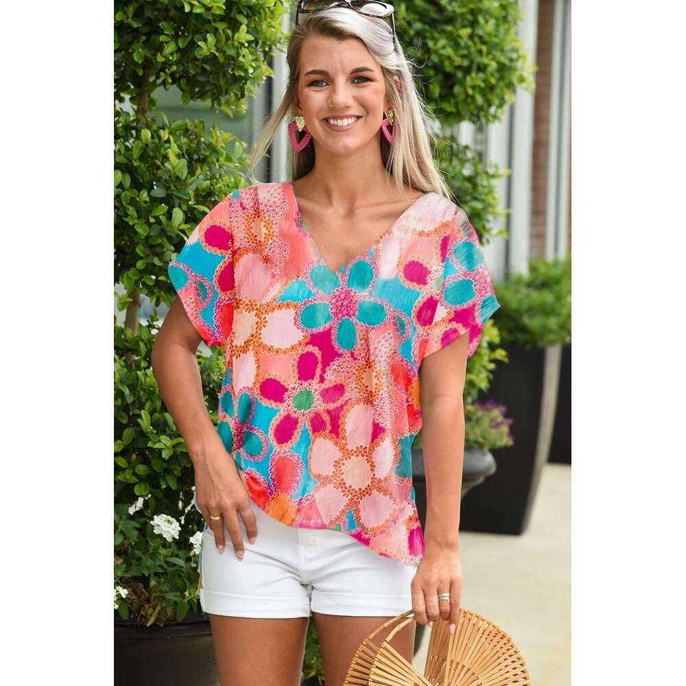 DHessentials Womens Tank Tops Pink Abstract Print V Neck Dolman Blouse Trendy 2025 Sping Summer Cami Shirts