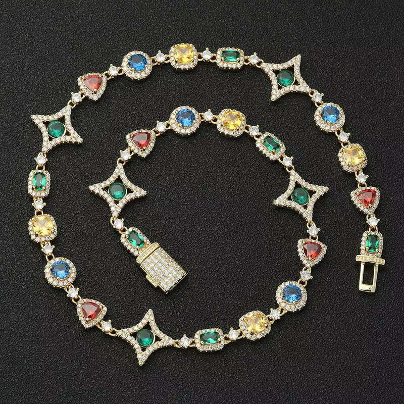 Noah New Arrival Women's Chain Gold-Plated Colorful moissanite Geometric Pattern Link Necklace Hip-Hop Jewelry