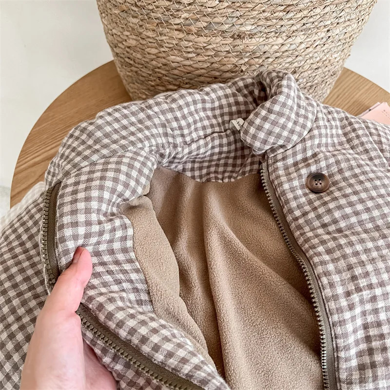 deer jonmi 2025 Winter Toddlers Kids Plaid Thicken Coats Korean Style Fleece Lining Children Warm Outerwear 2501105