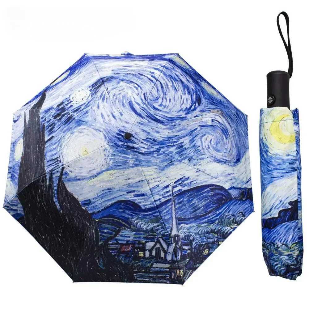 Small Fresh Umbrella Oil Painting Automatic Folding Umbrella Female Paraguas Van Gogh Oil Painting Umbrella Rain Quality ParasolM251122