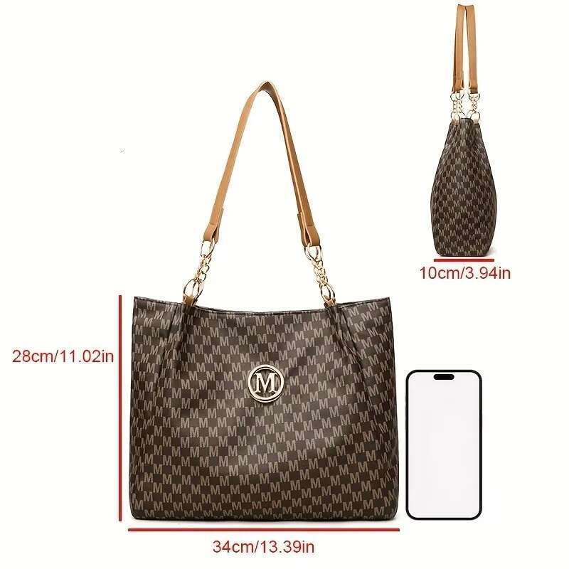 Vintage Geometric Tote Synthetic Leather Letter M Design For Women Handbag Shoulder Large Capacity Shopping Travel Bag Bag