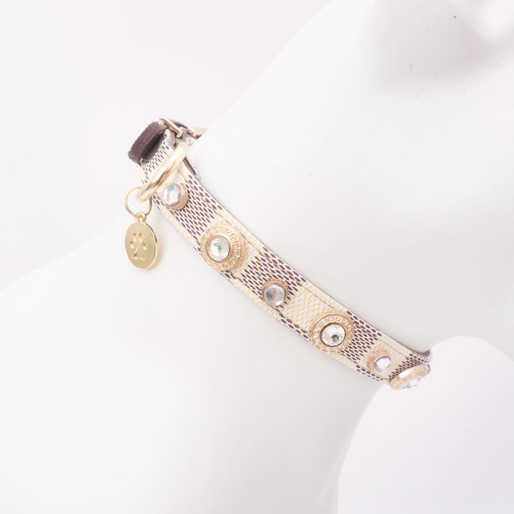 Designer Dog Collars Leashes Set Soft Adjustable Classic Printed Plaid Leather Pet Collar with White/Brown Flower Charms for Small Dogs Chihuahua Pood