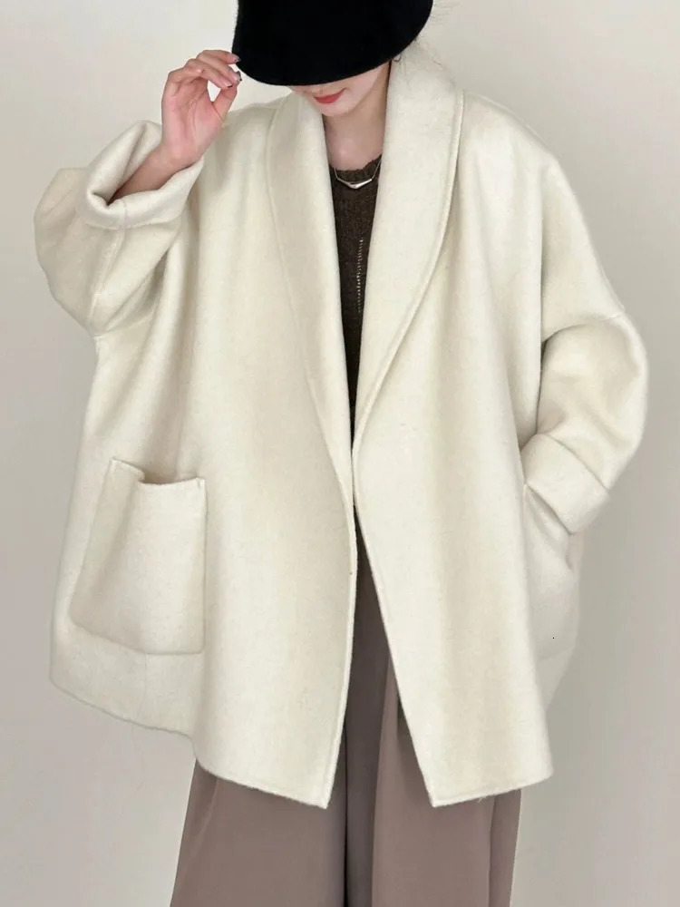 ZMEENNA Womens Woolen Blend Short Coat Oversized Lapel Pockets Long Sleeve Warm Winter Outerwear Casual Cardigan ZM4160 251112