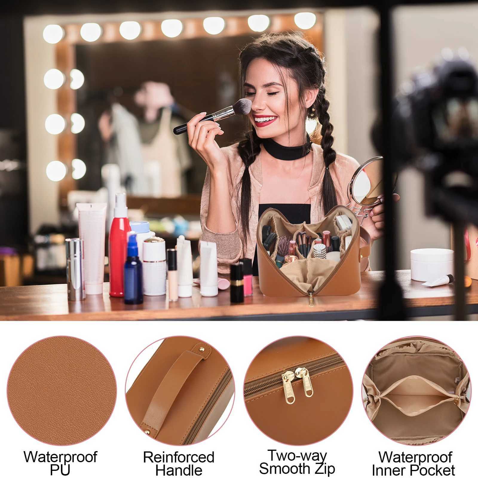 Designer Travel Makeup Bag with Divider and Handle Portable PU Leather Waterproof Toiletry Bag Large Capacity Cosmetic Bags for Women Y251122