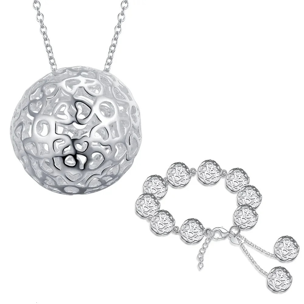 925 Sterling Silver Hollow Ball Pendant Bracelet necklace Jewelry set for women charm Fashion Party wedding Holiday gifts 251114