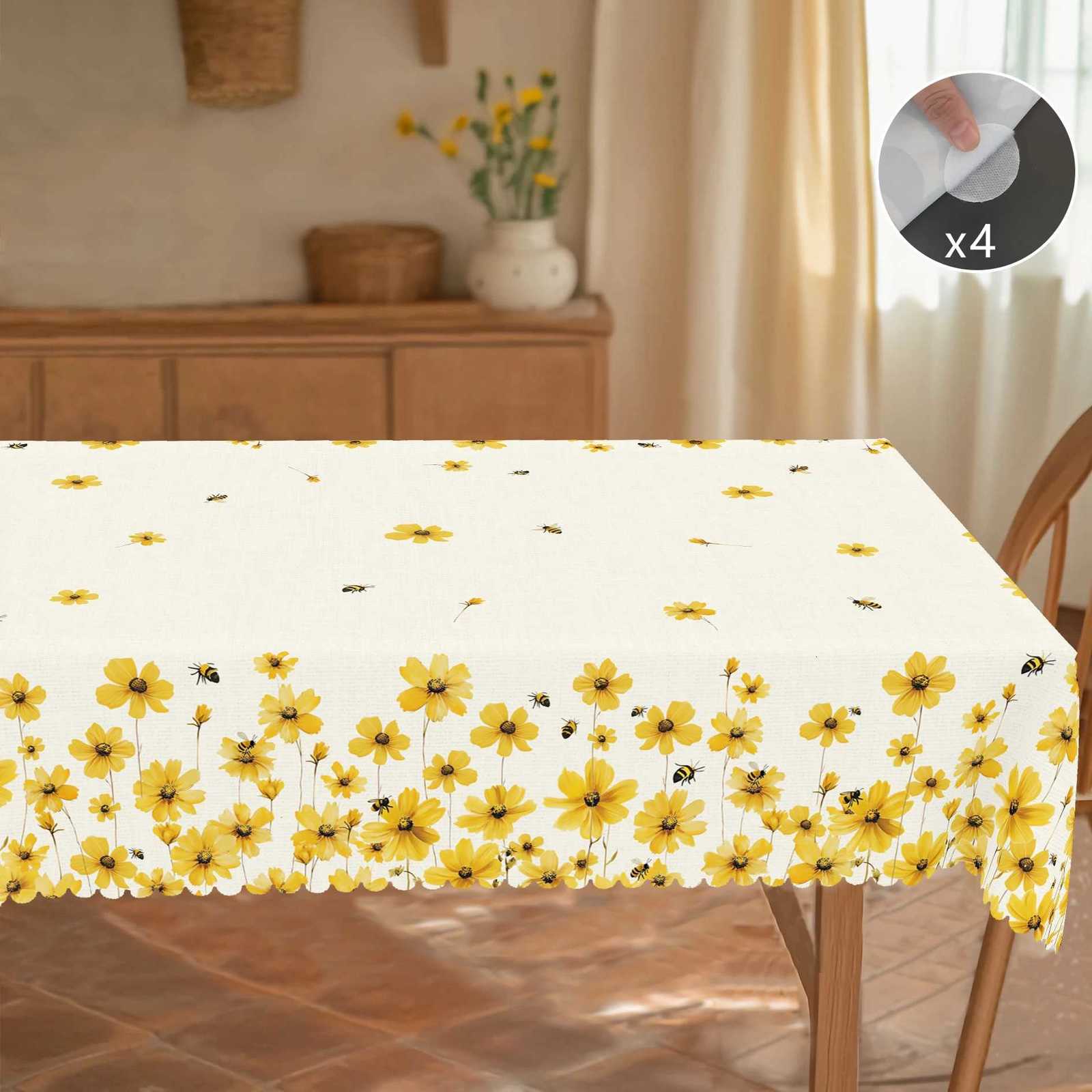 1 Piece of Spring and Summer FloralThemedR ounda ndR ectangularT ableclothsA vailablei nV ariousS izesY ellowD aisya ndB eeP atternP rintingD esignR C