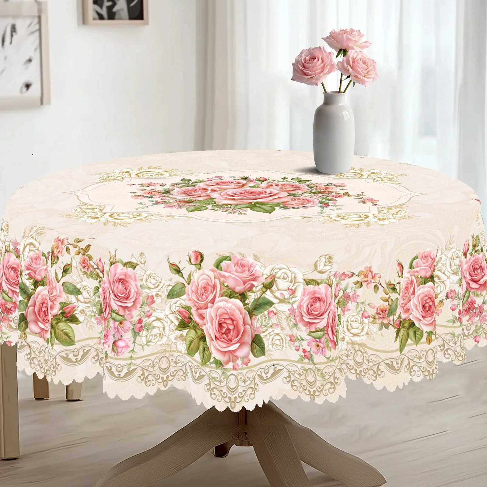 1 Piece of Floral Round Tablecloth 5 Sizes Available ThreeDimensionalP aintingS tyleF loralP atternP rintedT ableclothE dgeE mbossingP rocessS pringG 