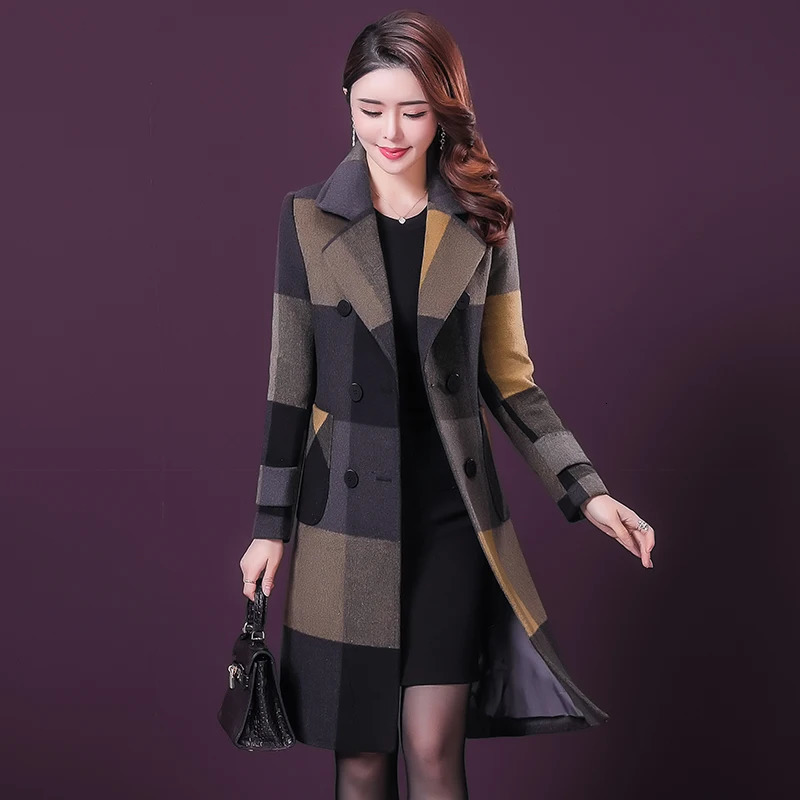 L5XL Women Wool Blends Coat Autumn Winter 2025 Fashion Thicken Warm Plaid Woolen Overcoat Slim Long Tops Outerwear Female 251112