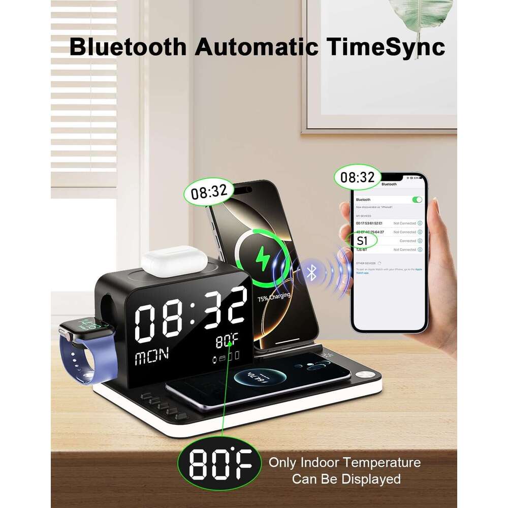 7 in 1 Wireless Charging Station, Fast Charger Station with Dual iPhone, Bluetooth TimeSync, Night Light,33W Adapter for iPhone 16/15/14/13/12 All