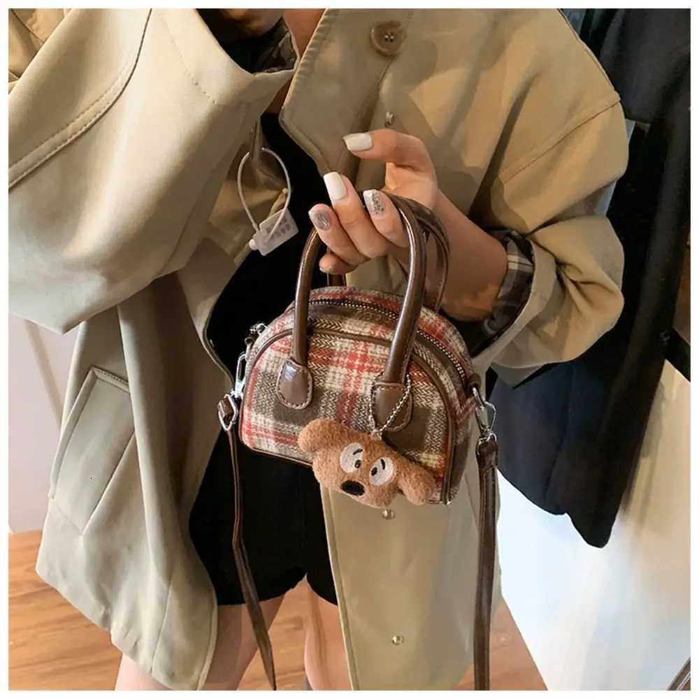 Vintage French Style Woolen Plaid Bowling Bag Cloth Elegant Boston Shoulder Bag PU Leather Casual Women Handbags WomenT251122