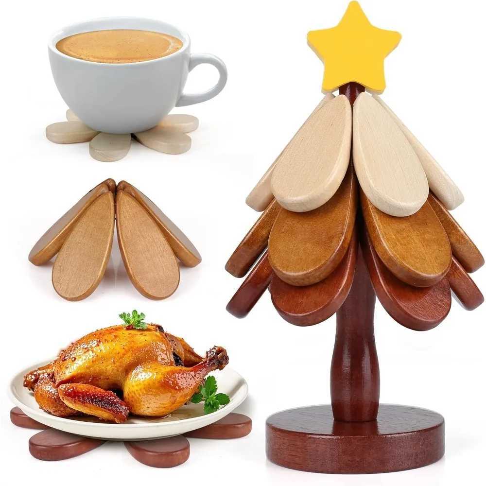 Christmas Wooden Coaster Trivet Wooden Tree Shaped Coaster Mat Wooden Set of 3 Home and Restaurant Tabletop Decorative Coasters C251122