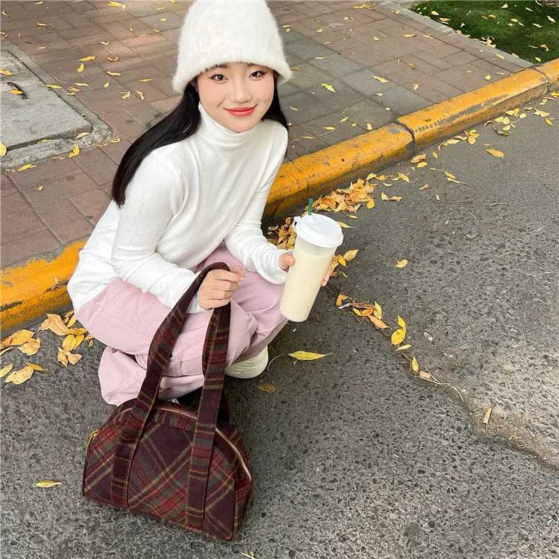 Retro Plaid Woolen Underarm Bag 2023 Large-capacity Autumn and Winter New Shoulder Bag Boston Travel BagT251122