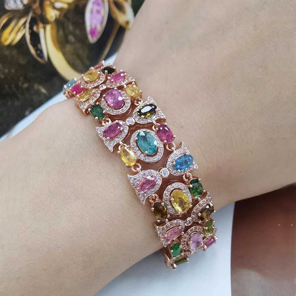 Rose Gold Color Rainbow Colorful Zirconia Bracelet for Women Girls 22CM Long Luxury Wedding Bangle Vintage Party Jewelry Gift J251122