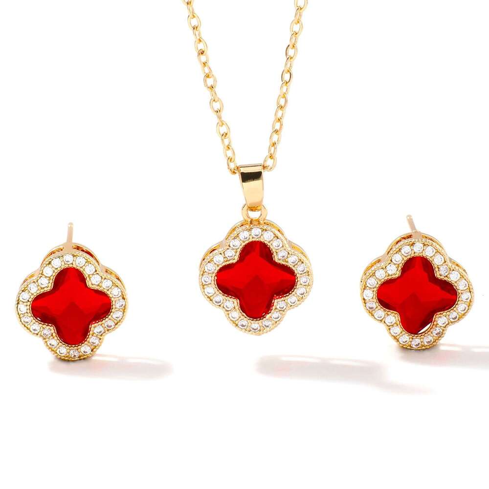 Micro inlaid clover necklace earrings two-piece set, women's light niche design, high-end feeling, internet celebrity temperament jewelry set