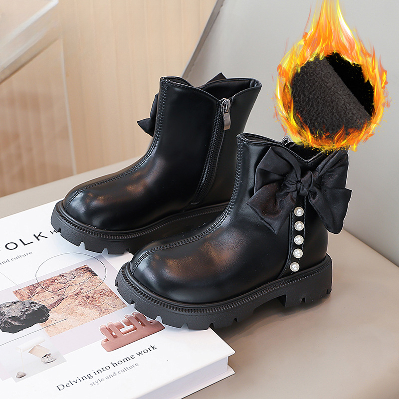 New designer shoes Children s Martin Short Boots with Fleece Lining Double Cotton Leather Boots New Autumn Winter Princess Shoes Bowknot Fashion Girls