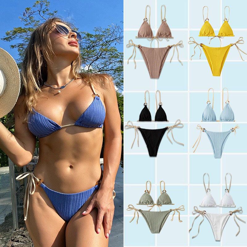 Wholesale High quality swimsuit women's split bikini two-piece set sexy solid color lace up swimsuit women