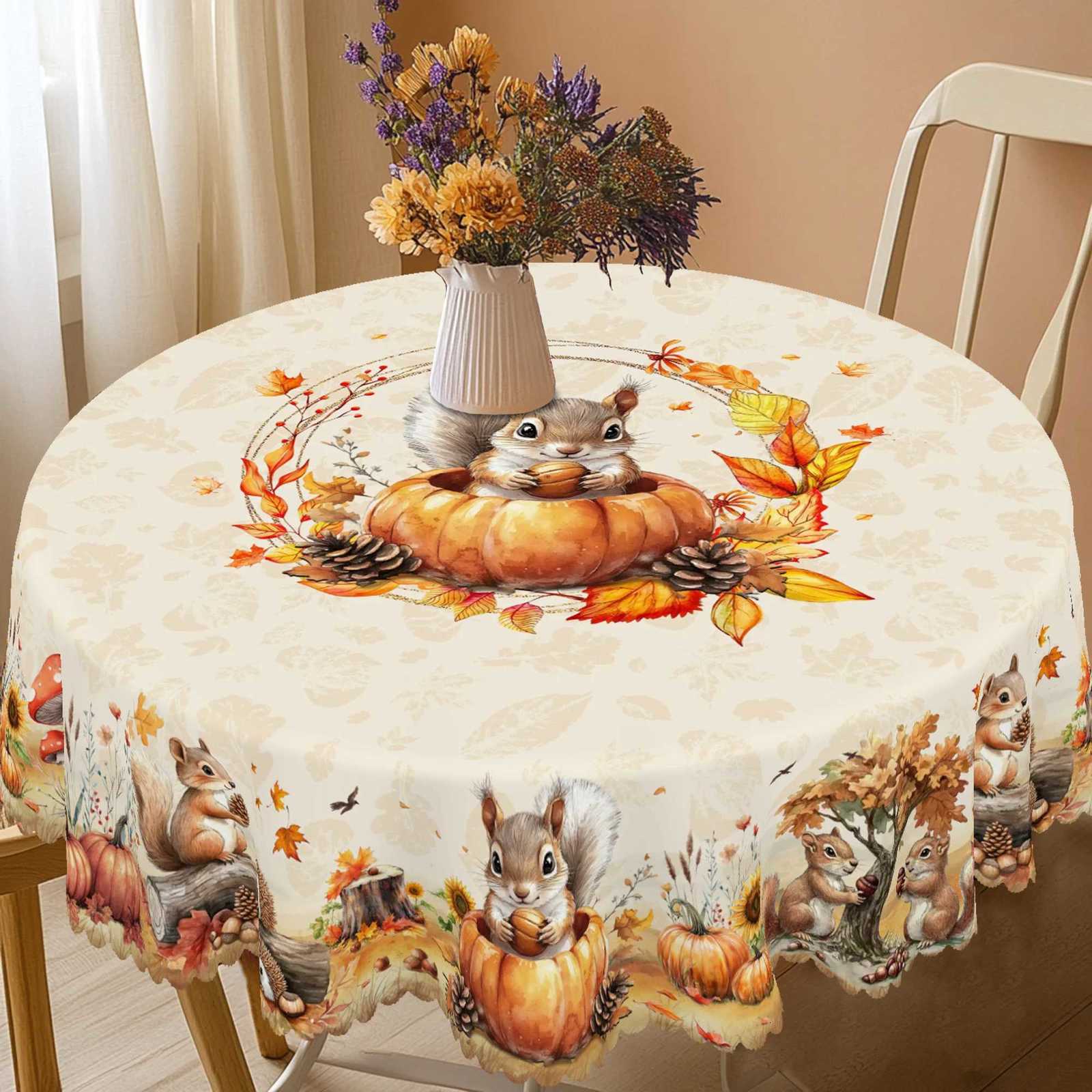 1 Piece of Autum Thanksgiving Themed Printed Tablecloth Retro Country Farmhouse Style Squirrel Pumpkin Maple Leaf Pattern Design Suitable for Holiday 