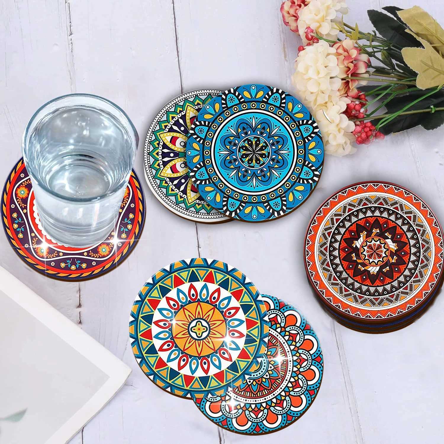 8 pieces/set of mandala patterned wooden anti-slip coasters suitable for home office and living room decoration C251122