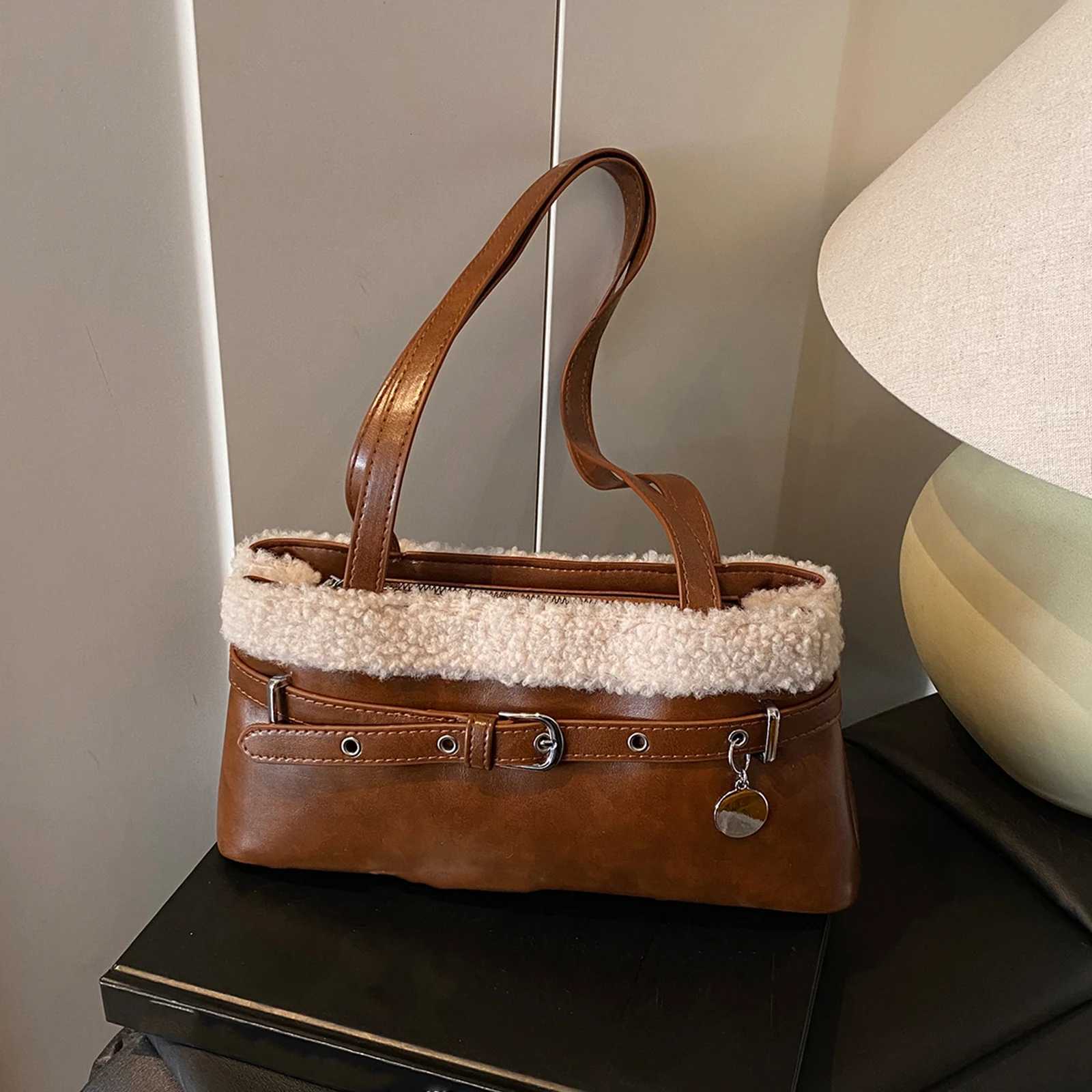 Women PU Lambswool StiTChing Vintage Shoulder Bag with Belt Small SaTChel Tote Bag Hobo Bag for Daily School Travel K251121