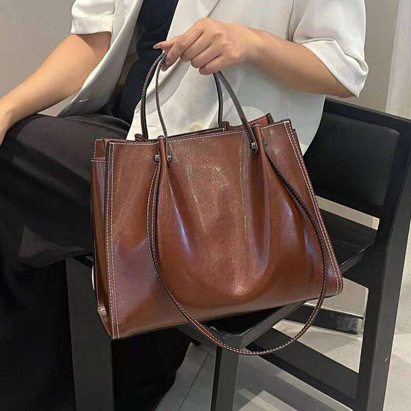 Toptrends Cowhide Genuine Leather Large Tote Shoulder Bags For Women 2025 Luxury Designer Shopper Office Work Ladies Handbags