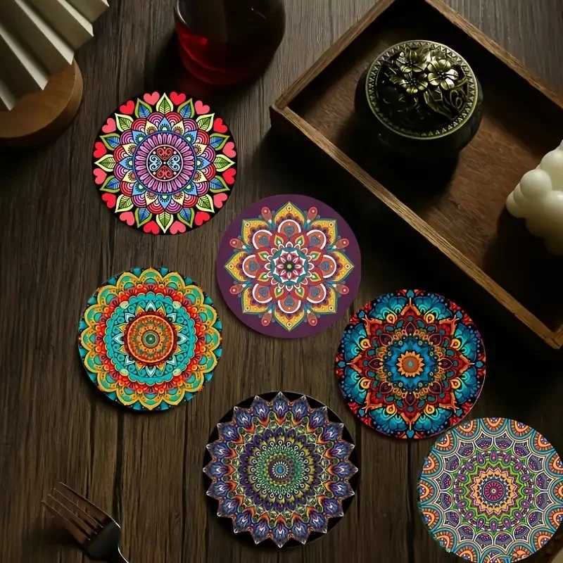 6 sets of mandala pattern art-painted wooden anti-slip coasters suitable for decoration of living room kitchenware C251122