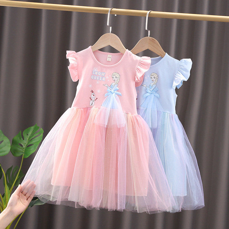 DISNEY infant designer clothes summer clothes Frozen dress for girls Summer children's skirt Puff-sleeve princess Elsa Skirt Netting Princess Dre
