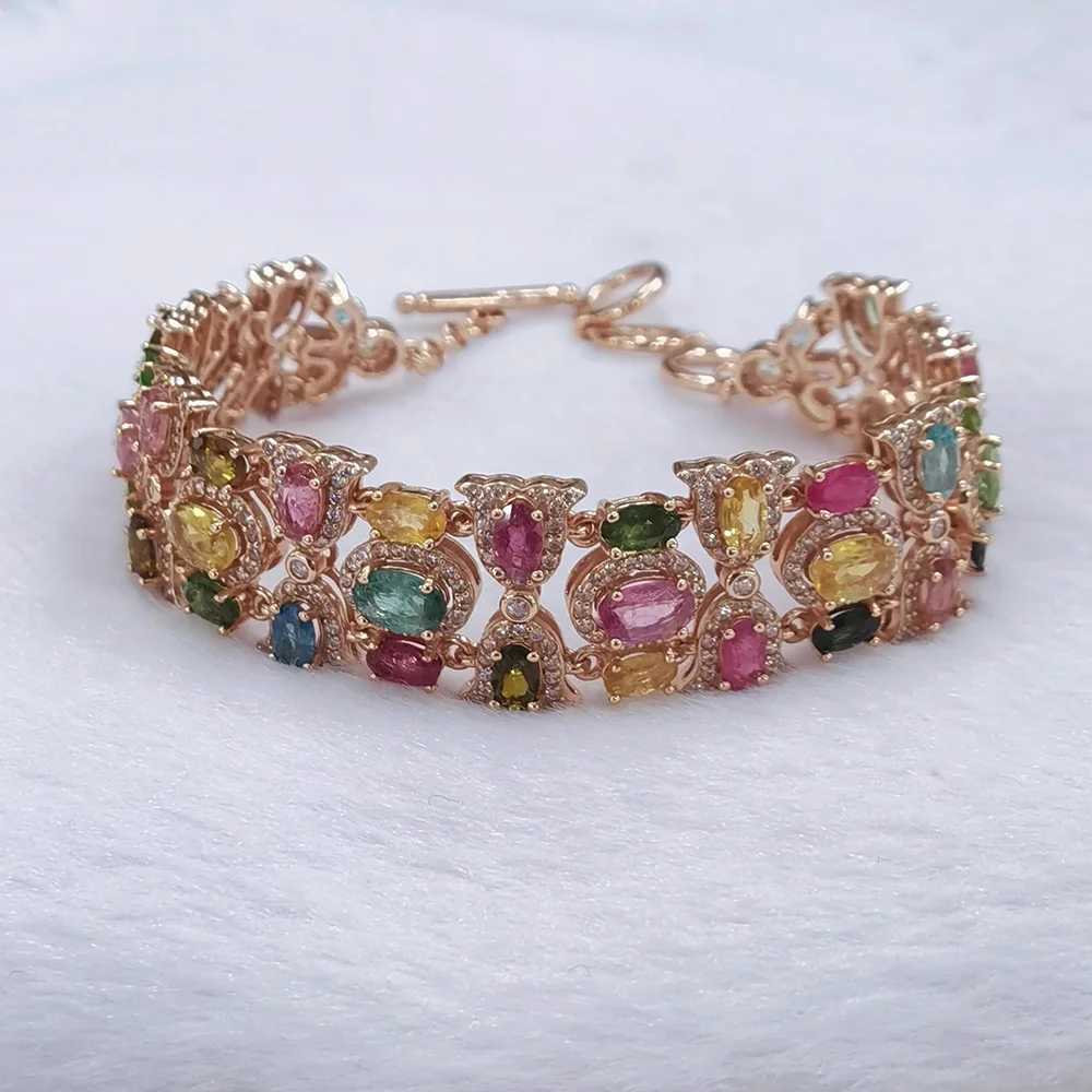 Rose Gold Color Rainbow Colorful Zirconia Bracelet for Women Girls 22CM Long Luxury Wedding Bangle Vintage Party Jewelry Gift J251122