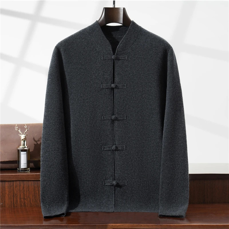 Chinese Style Button 100 Wool Cardigan Mens Solid Color Stand Collar Sweater Jacket National Fashion Knitted Shirt 251107