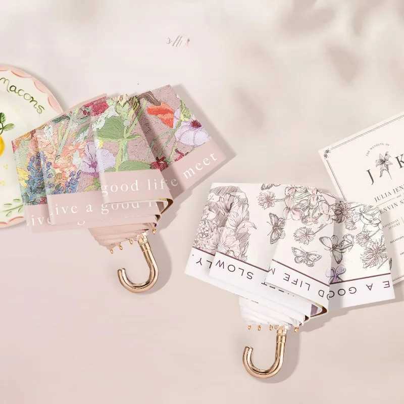 French Oil Painting Small Gold Hook Parasol Anti-ultraviolet Female Fair or Rain Umbrella Sun Umbrella Small and PortableM251122