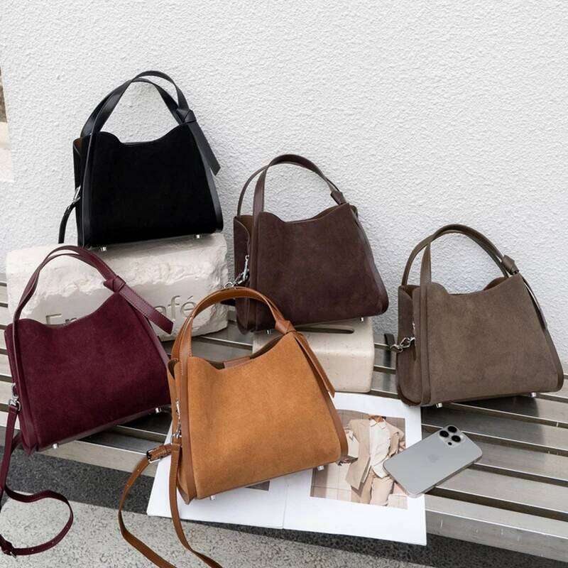 Toptrends Retro Suede Genuine Leather Bucket Tote Handbags For Women 2025 Luxury Designer Matte Ladies Shoulder Crossbody Bags
