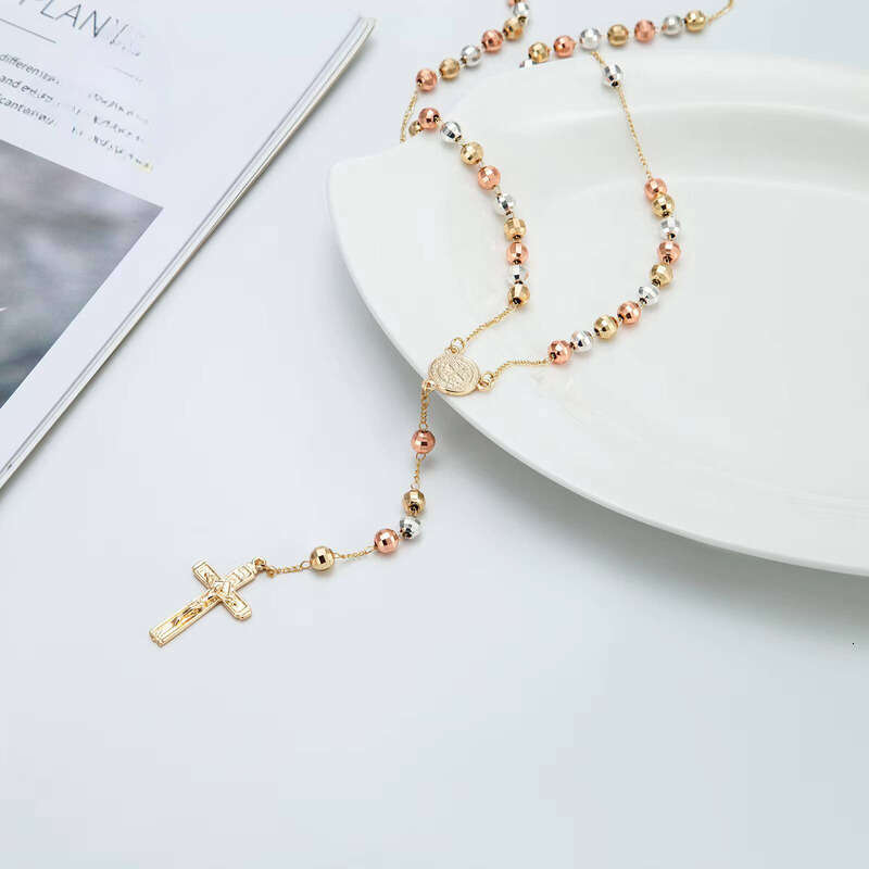 Elfic Gold-Plated Three-Color hip-hop moissanite Virgin Mary Rosary Necklace