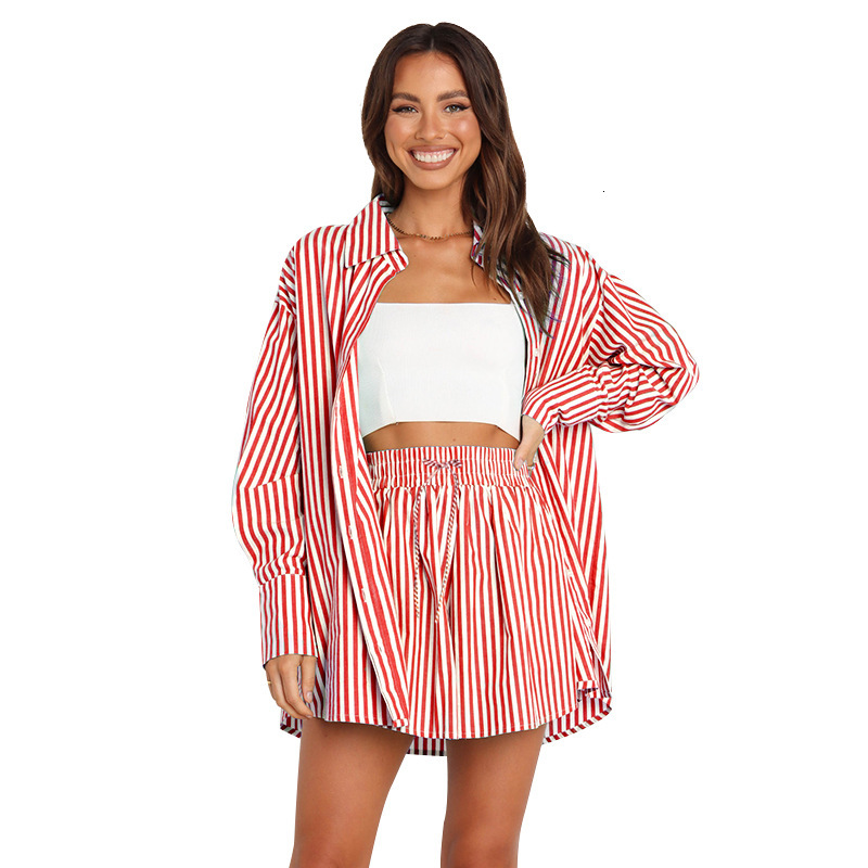 Women Tracksuits Two Pieces Set Spring Summer Temperament Commuter Casual Pants Set Fashion Shirt Stripe Long Sleeve Split Sportwear
