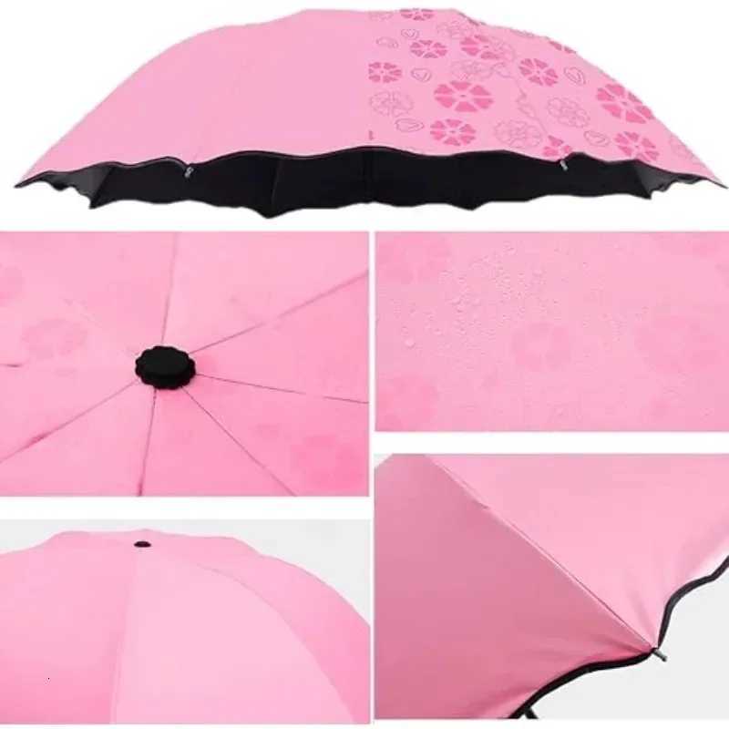 Encountering Water Flowering Umbrellas Handheld Parasol Frame Rain Travel Umbrella 3 Fold UV Protect Color Changing UmbrellaM251122