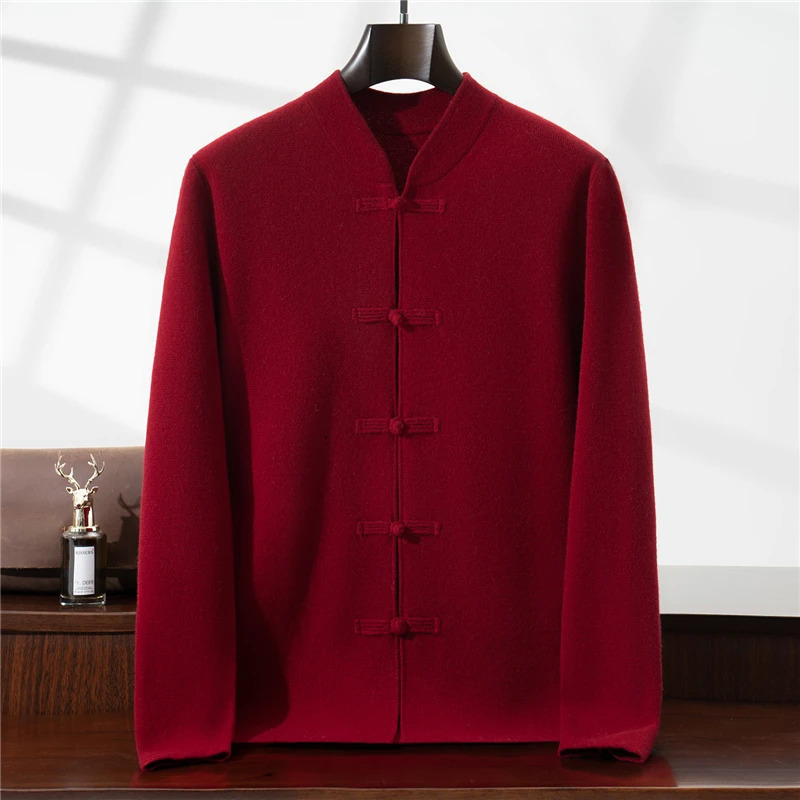 Chinese Style Button 100 Wool Cardigan Mens Solid Color Stand Collar Sweater Jacket National Fashion Knitted Shirt 251107