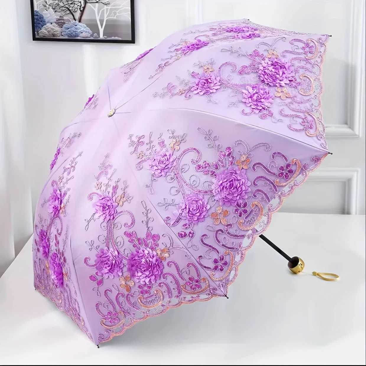1pcs Lace Parasol Anti-UV Folding Umbrella UPF50 Vintage Flower Embroidery Umbrella Princess Umbrella Gift Umbrella Suitable foM251122