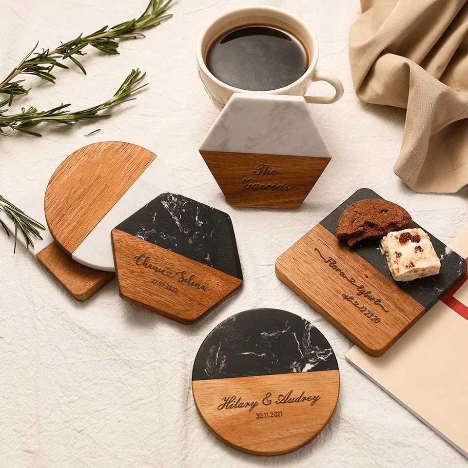 Custom Personzed Text Creative Marble Splicing Wood Coaster Insulation Light Luxury Fashion Decoration Home Accessories Gifts C251122