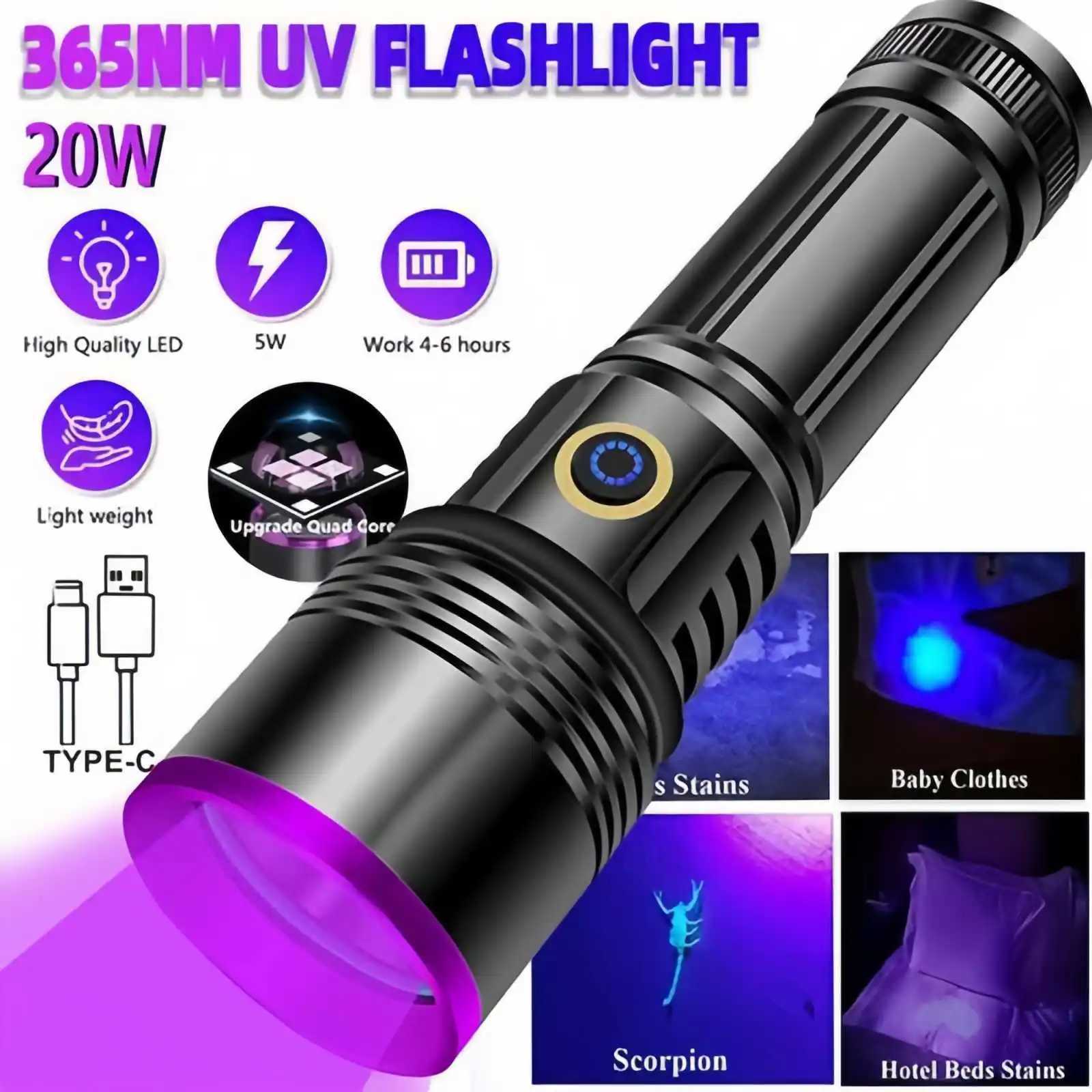 20W UV Black Light Flashlight -365nm USB Rechargeable Pet Urine Detector Gem and Money Detector Stain Detector etc C251122