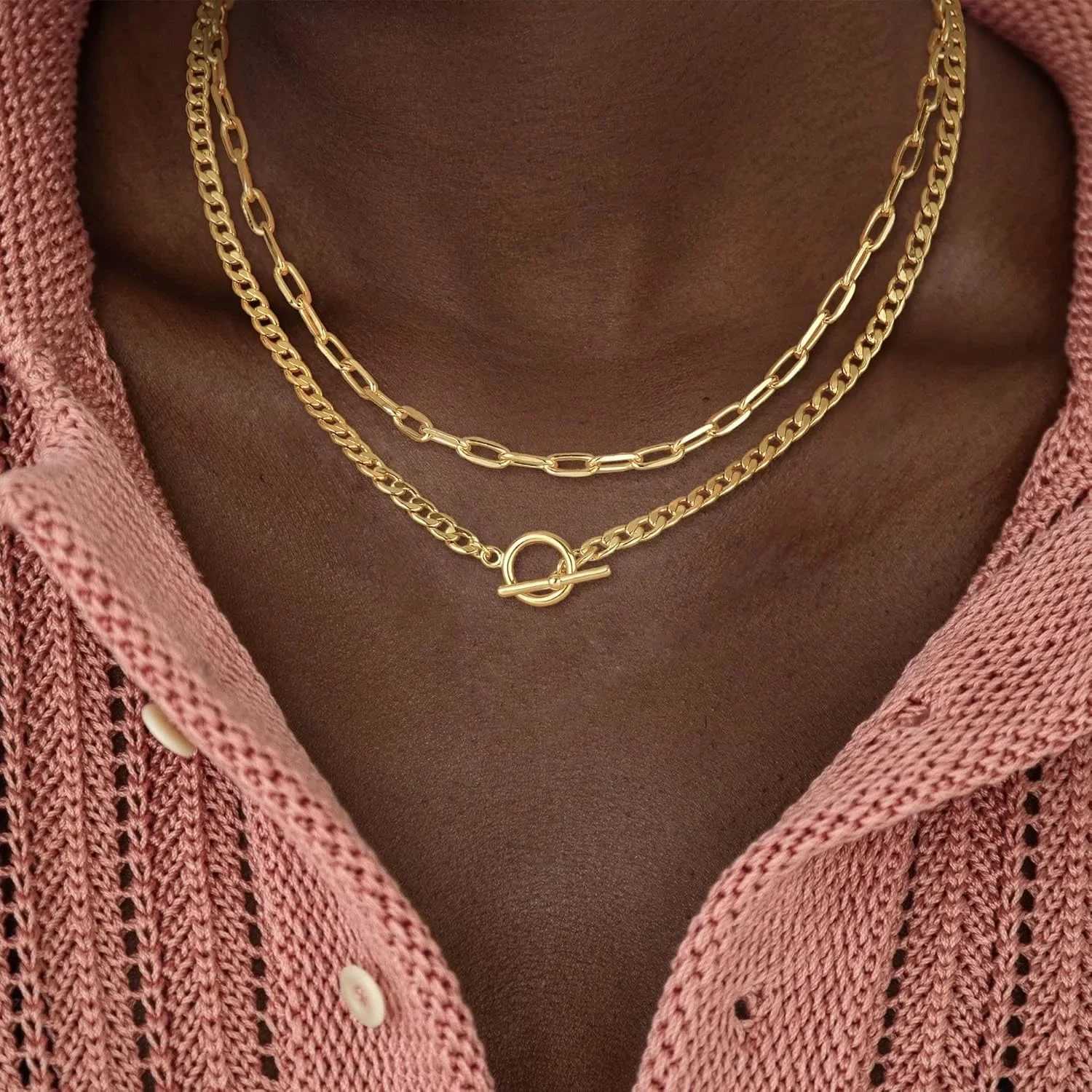 Gold plated necklace gold plated necklace womens Cuban chain paper clip chain switch buckle necklace womens jewelry Y250422