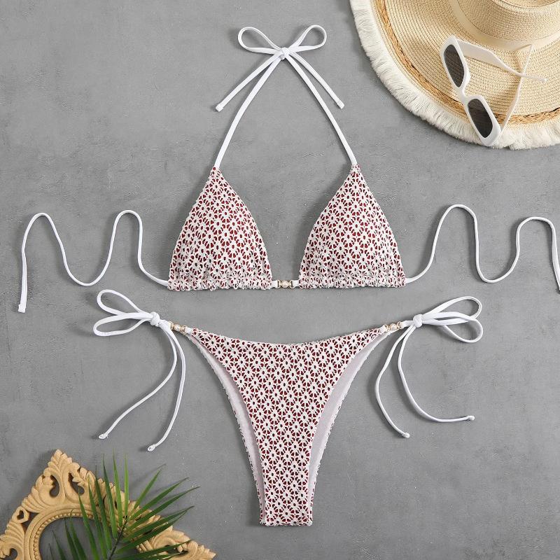 Womens Swimwear Sexy Lace Bikini Set 2025 Women Pink Floral Print Push Up Bra Micro Swimsuit Luxury Pearls Bathing Suit Tie Side Thong