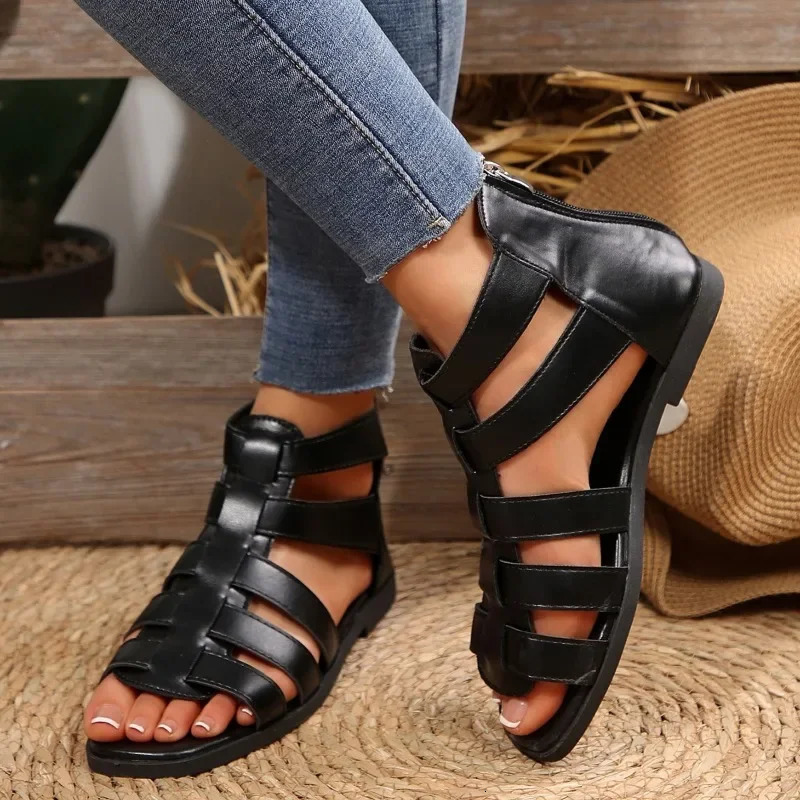 Womens Shoes Casual Strap Zipper Sandals Fashion Narrowband Solid Roman Flat 250421BJ - view 4