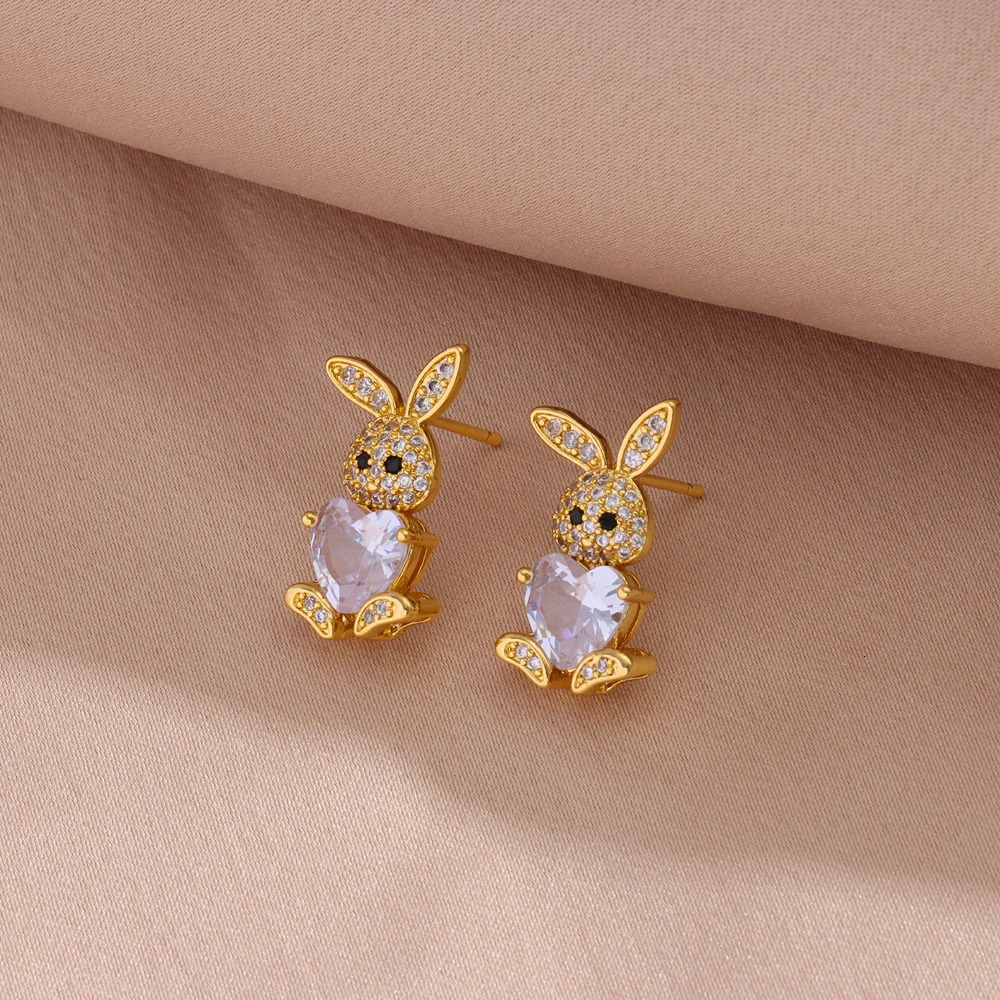 316L Stainless Steel Cute Zircon Rabbit Necklaces Earrings For Women Trendy Female Jewelry Set Girls Fashion Clavicle Chain 251114