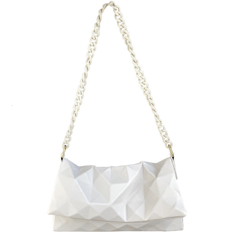 Fashion White Chain Shoulder Crossbody PU Leather Bags For Women Vintage Acrylic Chain Pleated Designer R250422