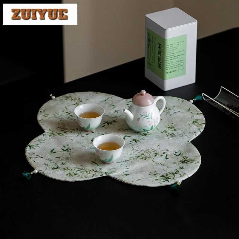 Brocade Embroider Little Green Bamboo Tea Table Mats Luxury Drink Coaster Dinner Table Cloth Mat For Tea Equipment Ornaments C251122