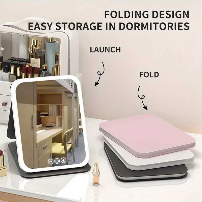 LED Makeup Mirror 3 Colors Lighting Dimmable with Touch Screen Fold Cosmetic Makeup Mirror Rechargeable Tabletop for Travel Home M251122