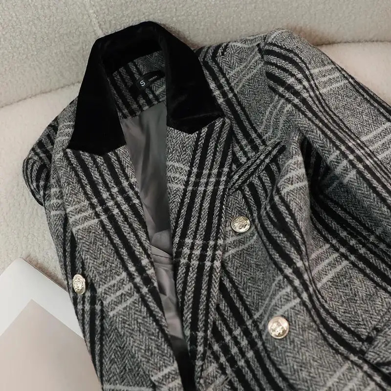 Autumn Winter Blazer Coats Woolen Jackets Long Sleeve Plaid Print Vintage Thick Outerwears Elegant Jaqueta Feminina 251112