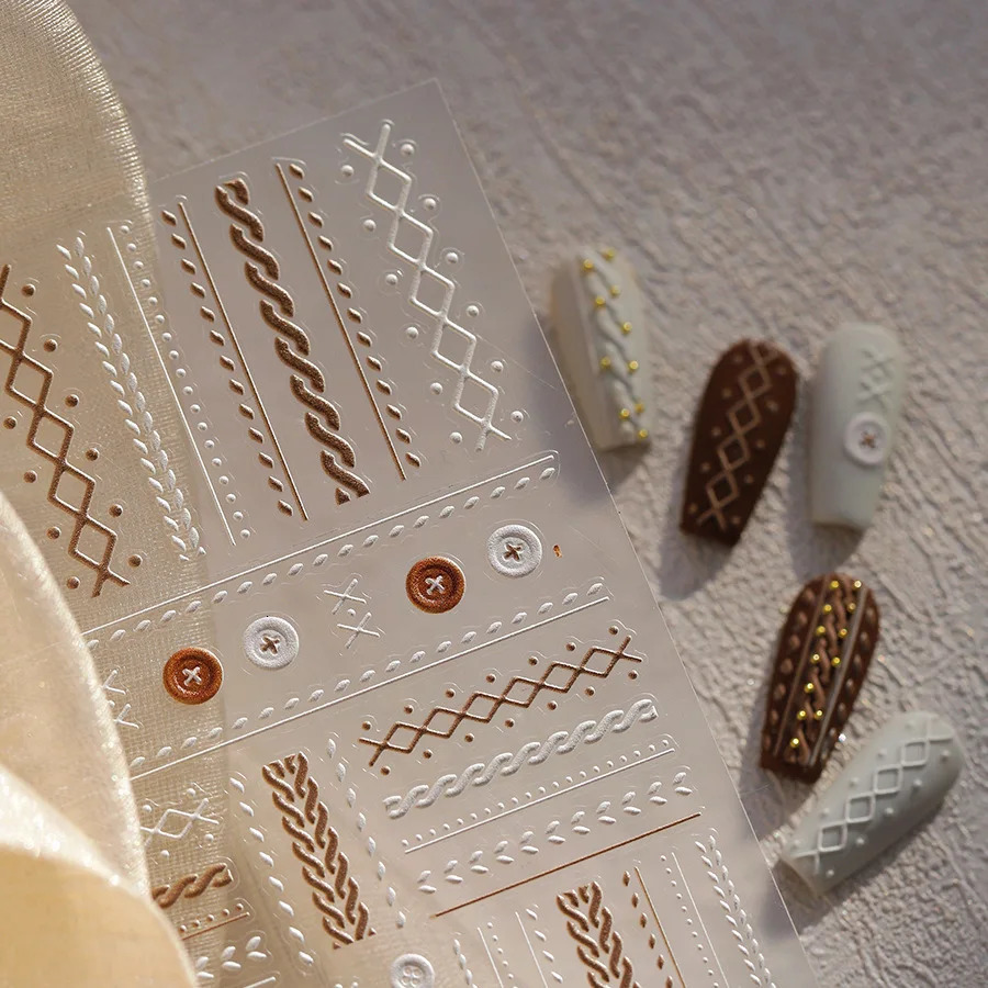 Woolen Grid Pattern Button Bowknot Nail Art Stickers Embossed n Adhesive Winter Decoration High Quality 251106