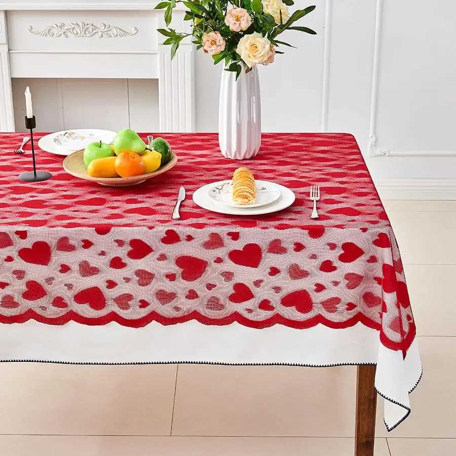 1pc red lace heart-shaped rectangular tablecloth for Valentines Day suitable for dining occasions and party gatherings C251122